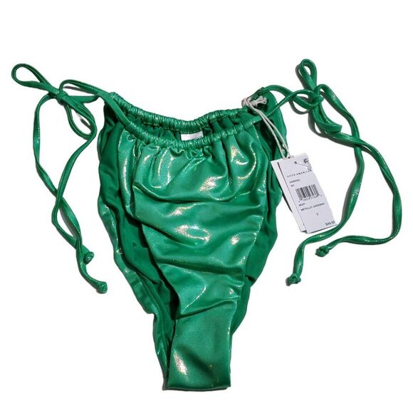 Good American Tiny Ties String Bikini Bottom Metallic Green Size 5 2XL Sparkle - Picture 2 of 9